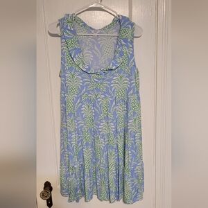 Crown & Ivy Light Blue & Green Tropical Pineapple Ruffle Mini Dres Sundress Sz M
